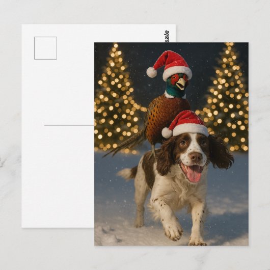 Pheasant on Springer Spaniel Christmas postcard ポストカード (正面/裏面)