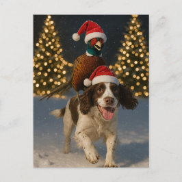 Pheasant on Springer Spaniel Christmas postcard ポストカード