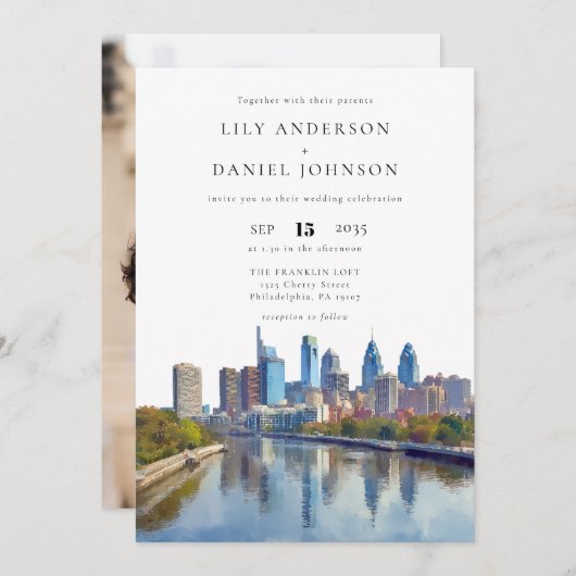 Philadelphia Skyline Destination Photo Wedding 招待状 (正面/裏面)