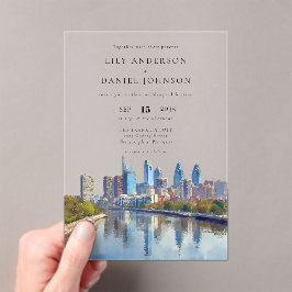 Philadelphia Skyline Watercolor Elegant Wedding アクリル招待状