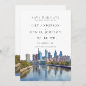 Philadelphia Skyline Watercolor Elegant Wedding セーブザデート (正面/裏面)