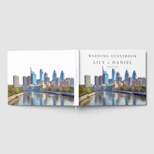 Philadelphia Skyline Watercolor Wedding ゲストブック (全面)