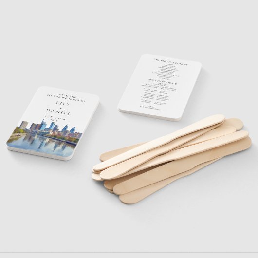 Philadelphia Skyline Watercolor Wedding Program ハンドファン (組立なし)