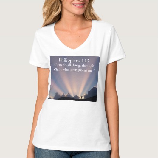 Philippians 4:13 Christian Women's V-Neck Tee Tシャツ (正面)