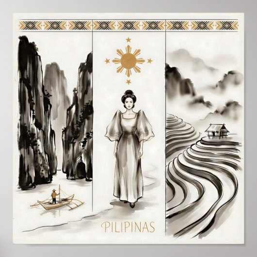 Philippines-El Nido & Rice Terraces-Ink wash ポスター (正面)