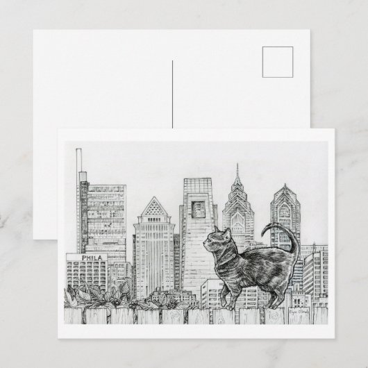 Philly Skyline - Cat on Fenceはがき ポストカード (正面/裏面)