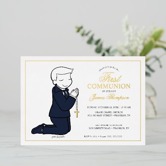 Philosophien Erste Kommunion - Junge 箔招待状 (立ち正面)