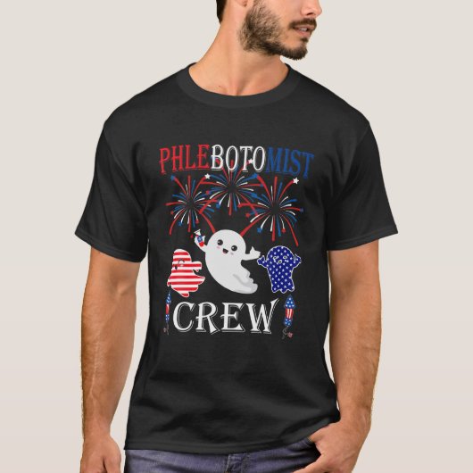 Phlebotomistクルー3赤ホワイト幽霊とブルーG Tシャツ (正面)