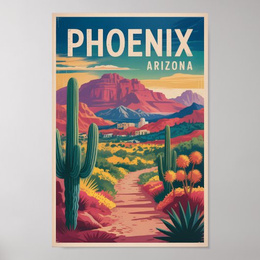 Phoenix Arizona Illustration Travel Art Vintage ポスター (正面)