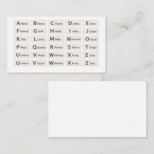 Phonetic Alphabet Quick Reference Card, At-a-Glanc 名刺 (正面/裏面)