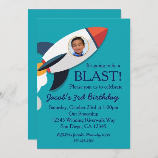 Phot0ロケット宇宙船ボーイ誕生日招待状 招待状 (正面/裏面)