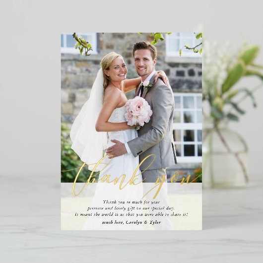 PHOTOの結婚書感謝していのエレガント金ゴールド 箔招待状 (立ち正面)