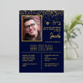 PHOTOモダンバー（ユダヤ教の）バル・ミツバーとヘブライ語ブルー金ゴールド 箔招待状 (立ち正面)