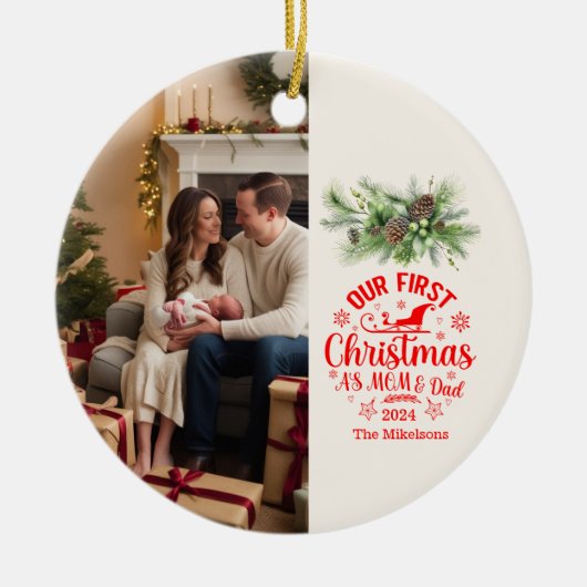 Photo私たちの初めてのクリスマスとしてママとパパ セラミックオーナメント (正面)