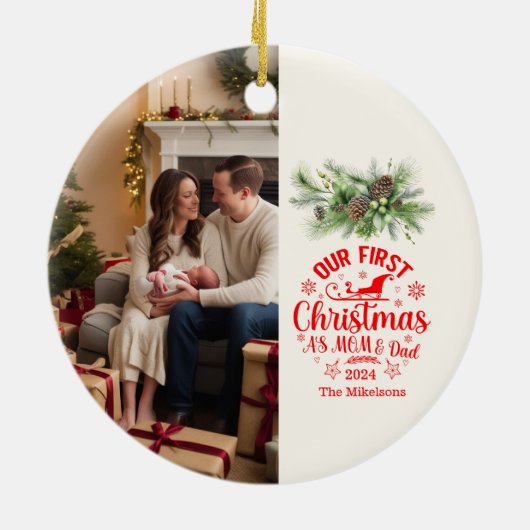 Photo私たちの初めてのクリスマスとしてママとパパ セラミックオーナメント (裏面)
