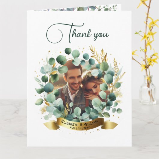 PHOTO'結婚s Thank You Eucalyptus 葉 Gift カード (黄色い花)