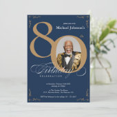 Photo エレガント Navy Blue金ゴールド80th Birthday Party 招待状 (スタンド正面)