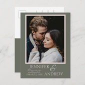 Photo シンプル Sage Green日付を保存結婚する 案内ポストカード (正面/裏面)