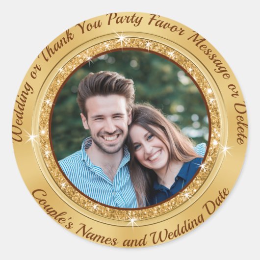 PHOTO、パーソナライズされた金ゴールド結婚式用シール、 ラウンドシール (正面)
