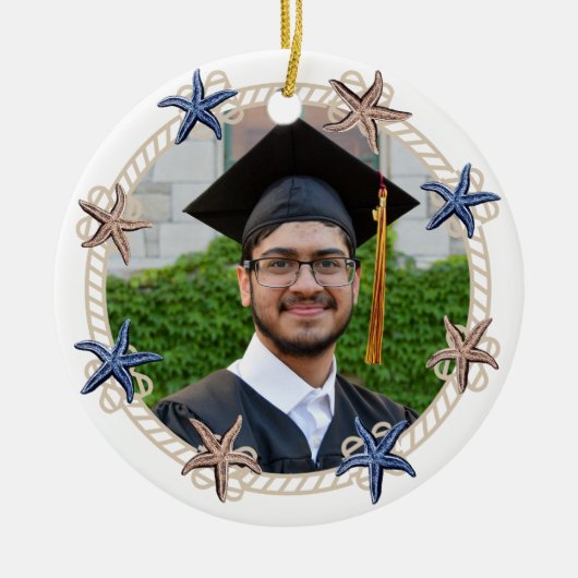 Photo 航海の Navy Blue White ストライプ Decisation セラミックオーナメント (正面)