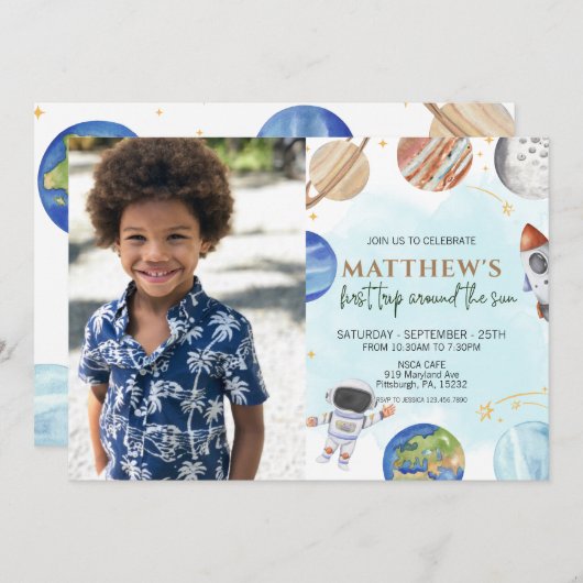 Photo 1st Birthday Party First Trip Around The Sun 招待状 (正面/裏面)