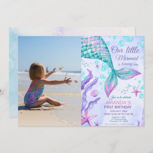 Photo 1st Birthday Under The Sea Mermaid Party 招待状 (正面/裏面)