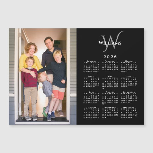 Photo 2026 Calendar Monogram Name Black Magnet (正面)