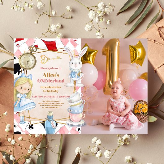 Photo Alice in Wonderland 1st Birthday Teaパーティー 招待状