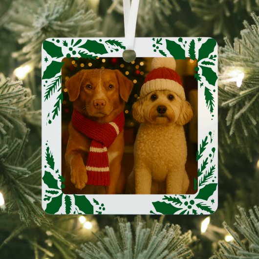 Photo and Custom Text Personalized Holly メタルオーナメント (インサイチュ)