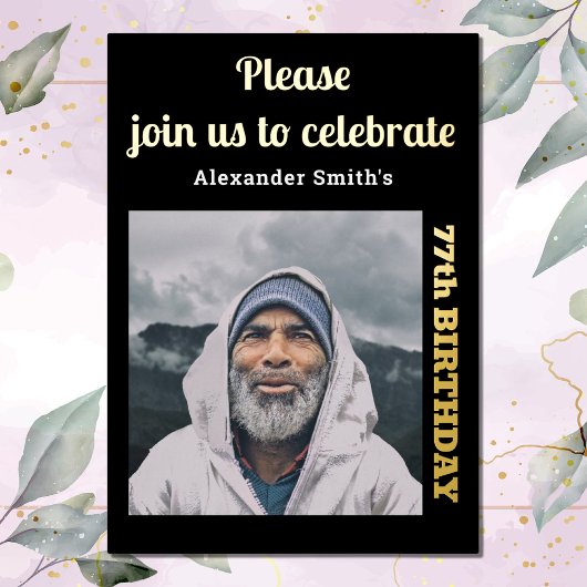 Photo Any Year誕生日ブラック金ゴールド 箔招待状