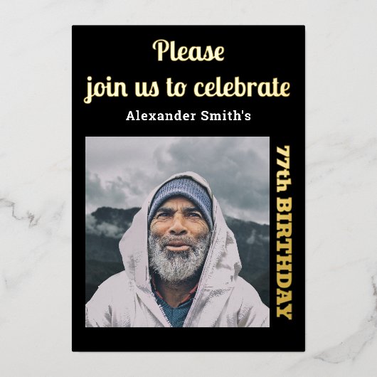 Photo Any Year誕生日ブラック金ゴールド 箔招待状 (正面)