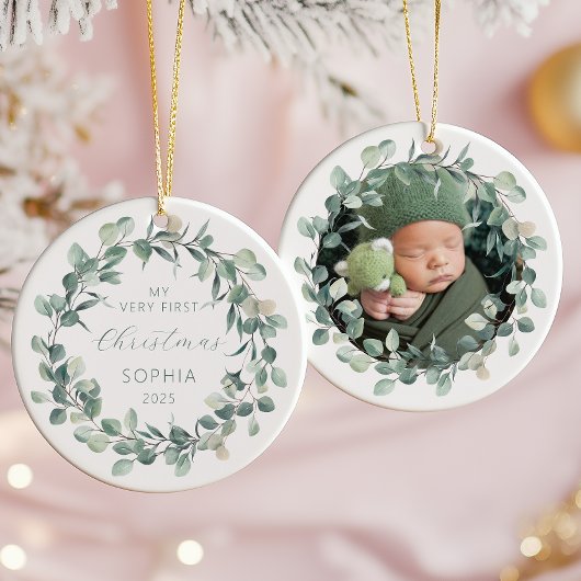 Photo Baby First Christmas Eucalyptus Wreath セラミックオーナメント
