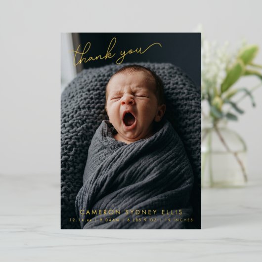 Photo Baby Thank You Birth Stats Gold Foil Card 箔招待状 (立ち正面)