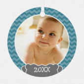 Photo Babysの初めてのクリスマス – 青い山形の灰色 メタルオーナメント (正面)