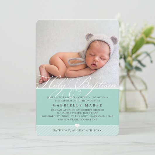 PHOTO BAPTISMの華ファンシーやかな書道かわいいミント 招待状 (スタンド正面)