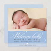 PHOTO BIRTH ANNOUNCEMENT素敵なスクリプトタイプ青 案内状 (正面/裏面)