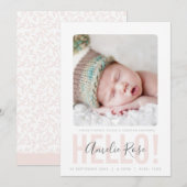 PHOTO BIRTH ANNOUNCEMENT 淡い色の hello pink baby girl 案内状 (正面/裏面)