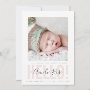 PHOTO BIRTH ANNOUNCEMENT 淡い色の hello pink baby girl 案内状