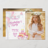 Photo Birthday Invitation with Balloons & Cake 招待状 (正面/裏面)