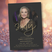 Photo Black and Gold Script 60th Birthday 招待状