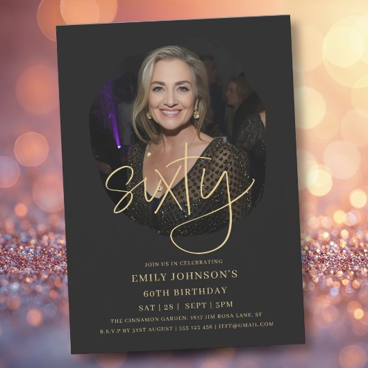 Photo Black and Gold Script 60th Birthday 招待状