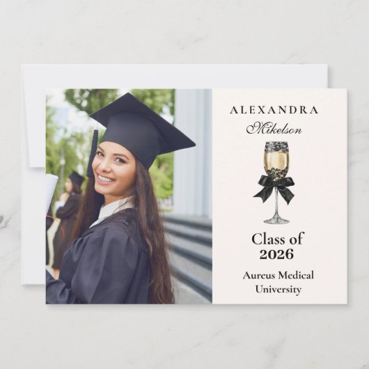 Photo Black Bow Pearl Champagne Graduation 案内状 (正面)