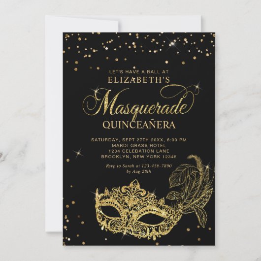 Photo Black Gold Glitter Masquerade Quinceañera 招待状 (正面)