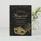 Photo Black Gold Glitter Masquerade Quinceañera 招待状 (スタンド正面)