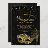 Photo Black Gold Glitter Masquerade Quinceañera 招待状 (正面/裏面)
