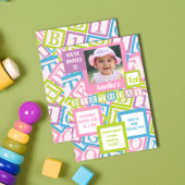Photo Blocks Pattern First Girls Birthday Party 招待状
