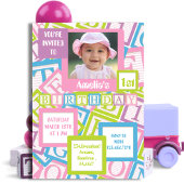 Photo Blocks Pattern First Girls Birthday Party 招待状