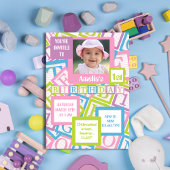 Photo Blocks Pattern First Girls Birthday Party 招待状