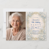 Photo Blue Floral Baroque Frame 90th Birthday 招待状 (正面)