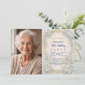 Photo Blue Floral Baroque Frame 90th Birthday 招待状 (スタンド正面)
